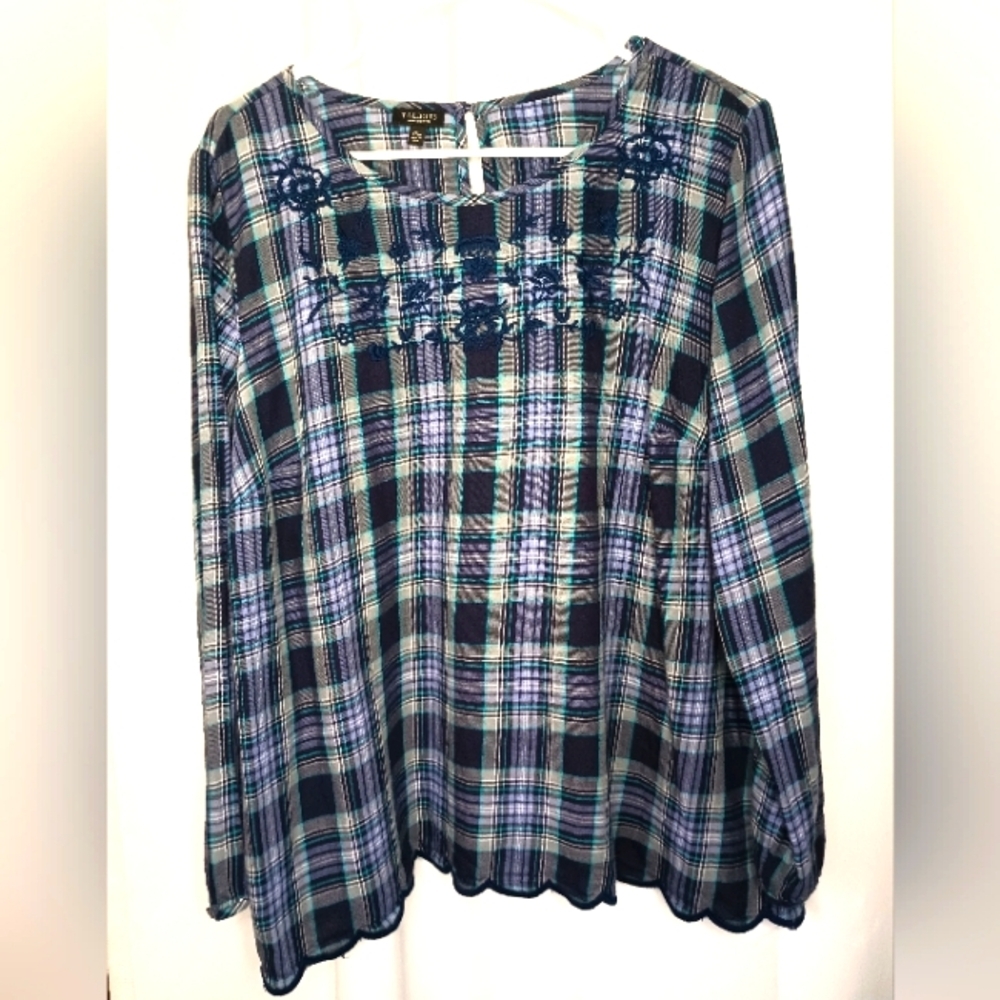 Talbots 2XP Floral Embroidered Plaid Peasant Top Blue Scallop Cottagecore